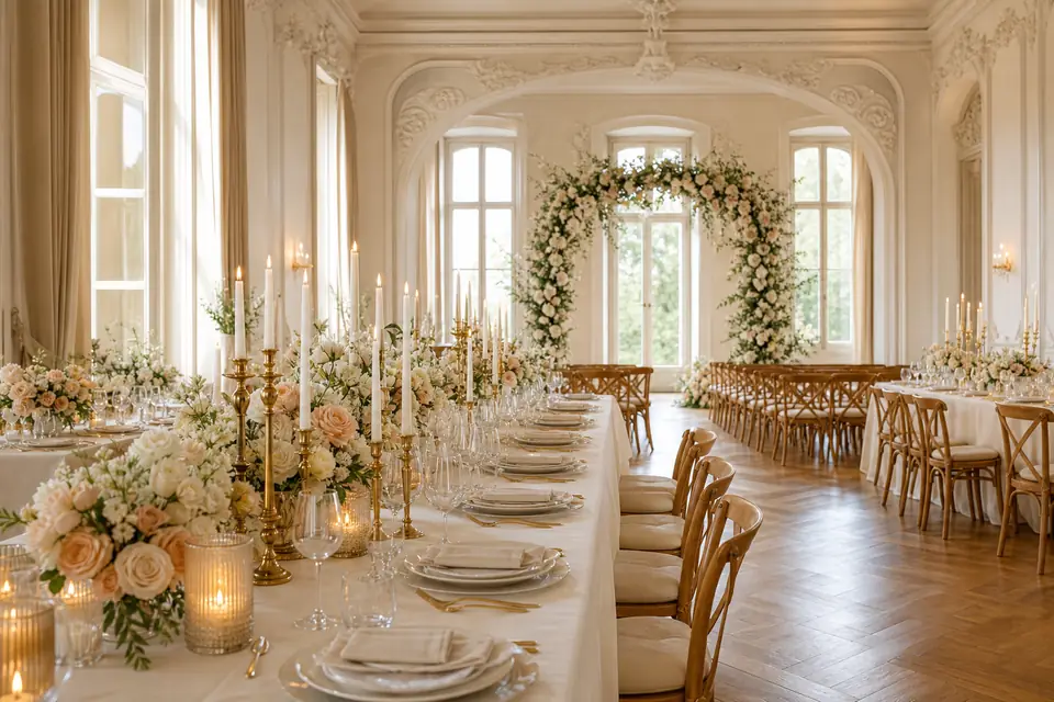 Eleganter Hochzeitsempfang in der Schweiz – gedeckte Tische und Blumenbogen ohne Personen