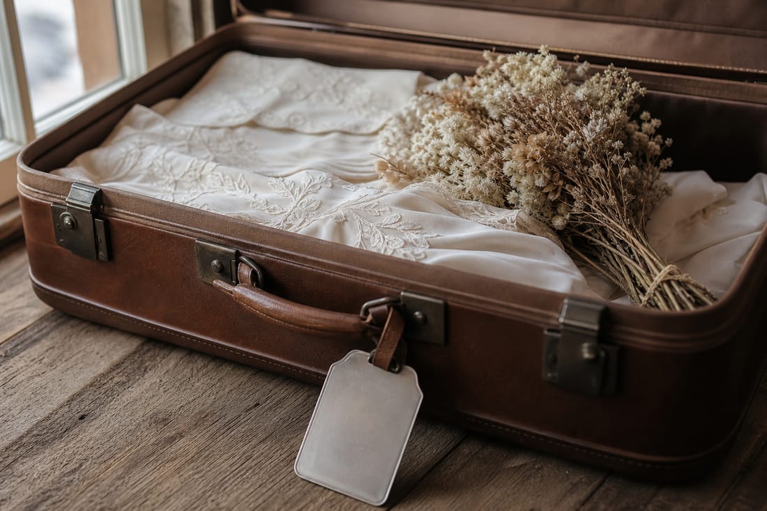 Beispiel: offener Koffer mit Stoffen und Trockenblumen zur Destination Wedding