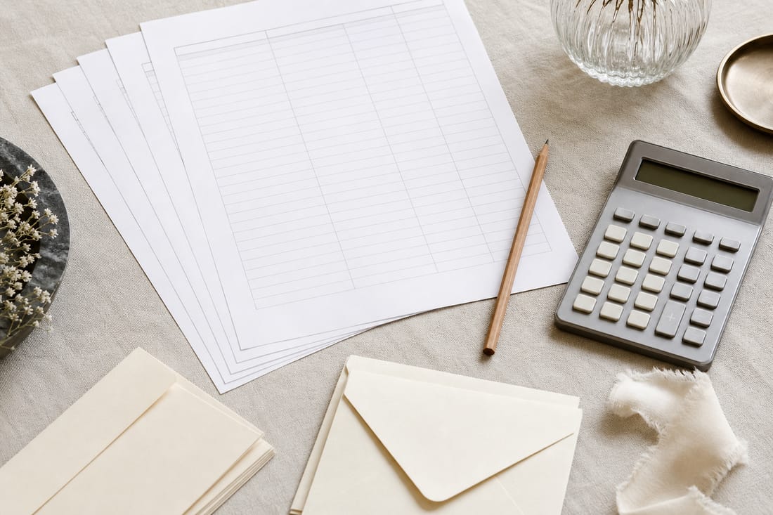 Beispiel: Budgetunterlagen und Stift auf Leinentuch ohne lesbaren Text
