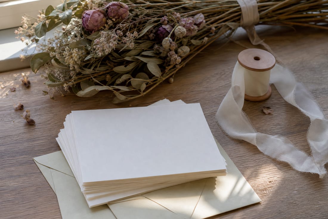 Beispiel: leere Dankeskarten und Trockenblumen ohne Schrift
